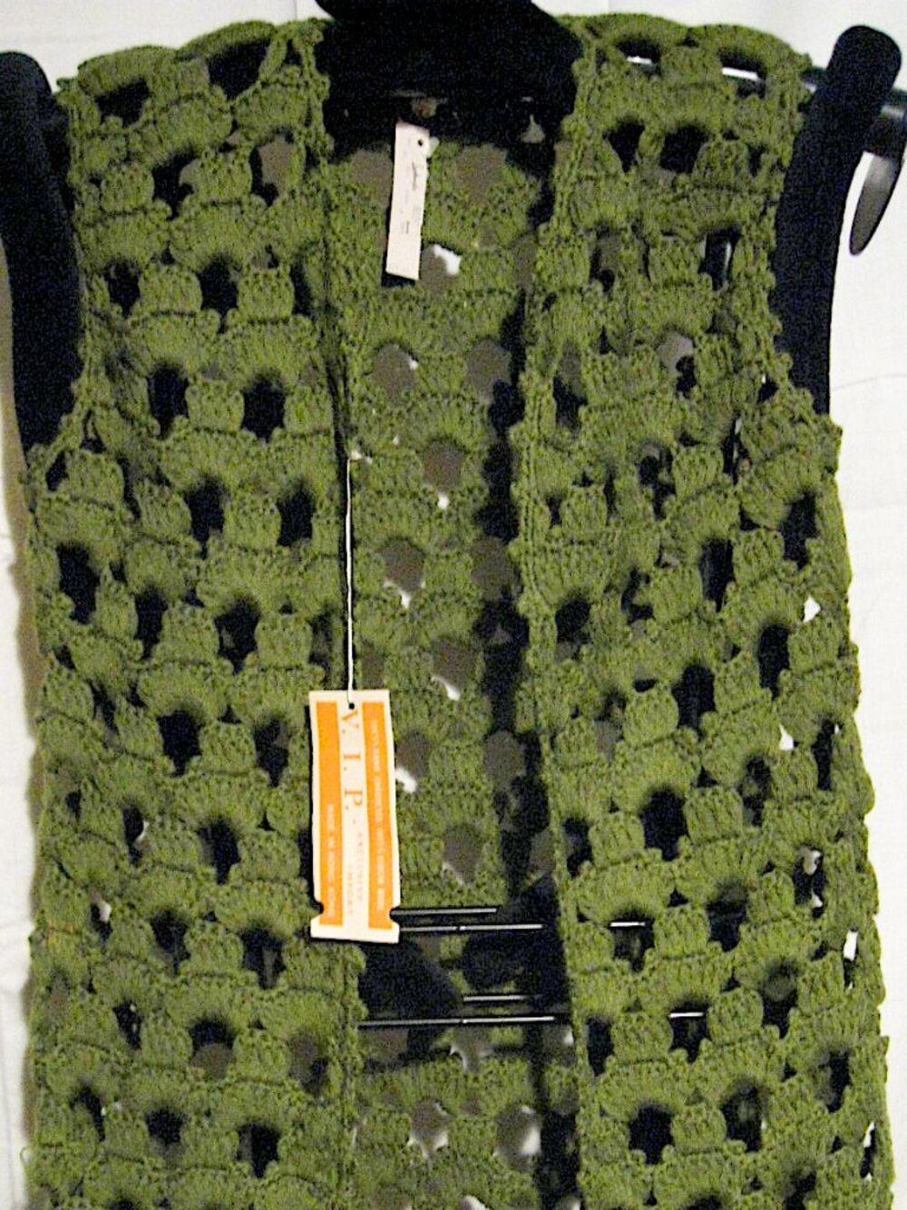 VIP Open Mesh Knit Olive Green 1970s Crochet Vest Lansburghs Virgin Wool